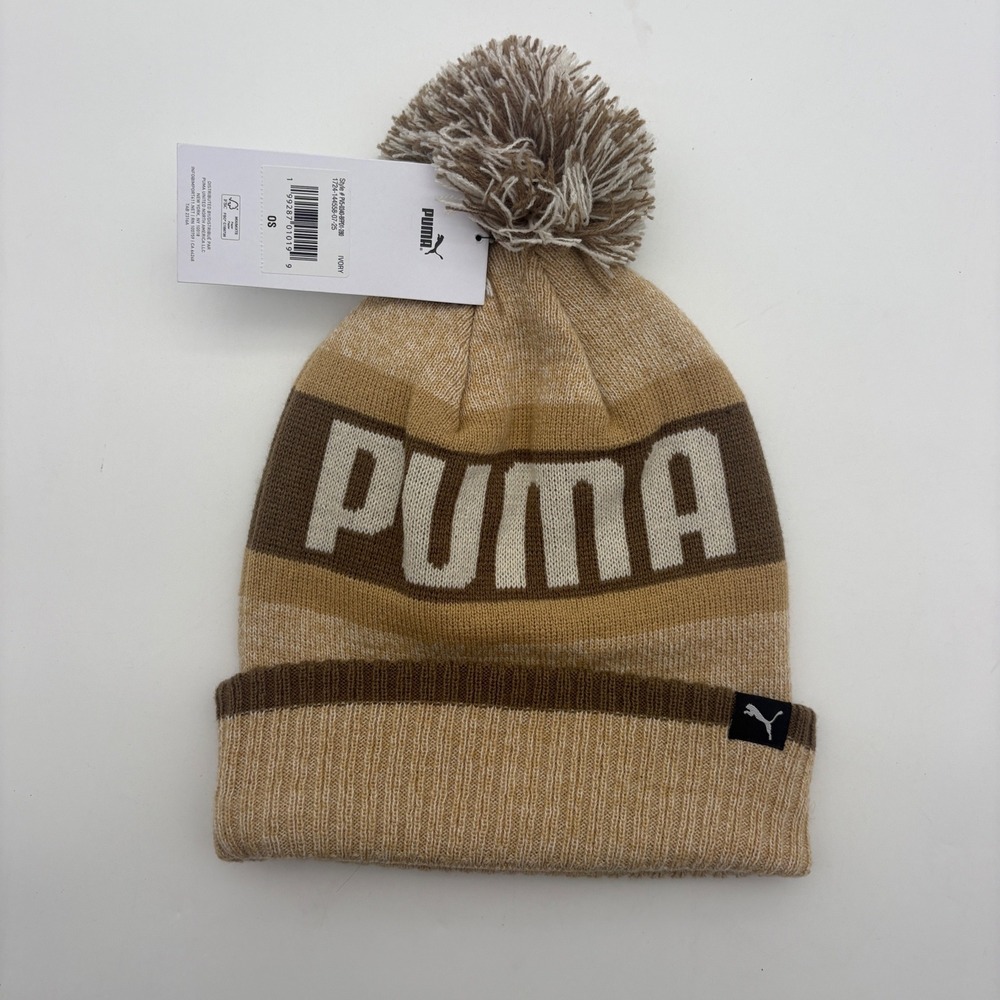 Puma Sportswear Unisex Pom Beanie Ivory Tan Brown Knit Cuffed Hat PV5-0340 NEW